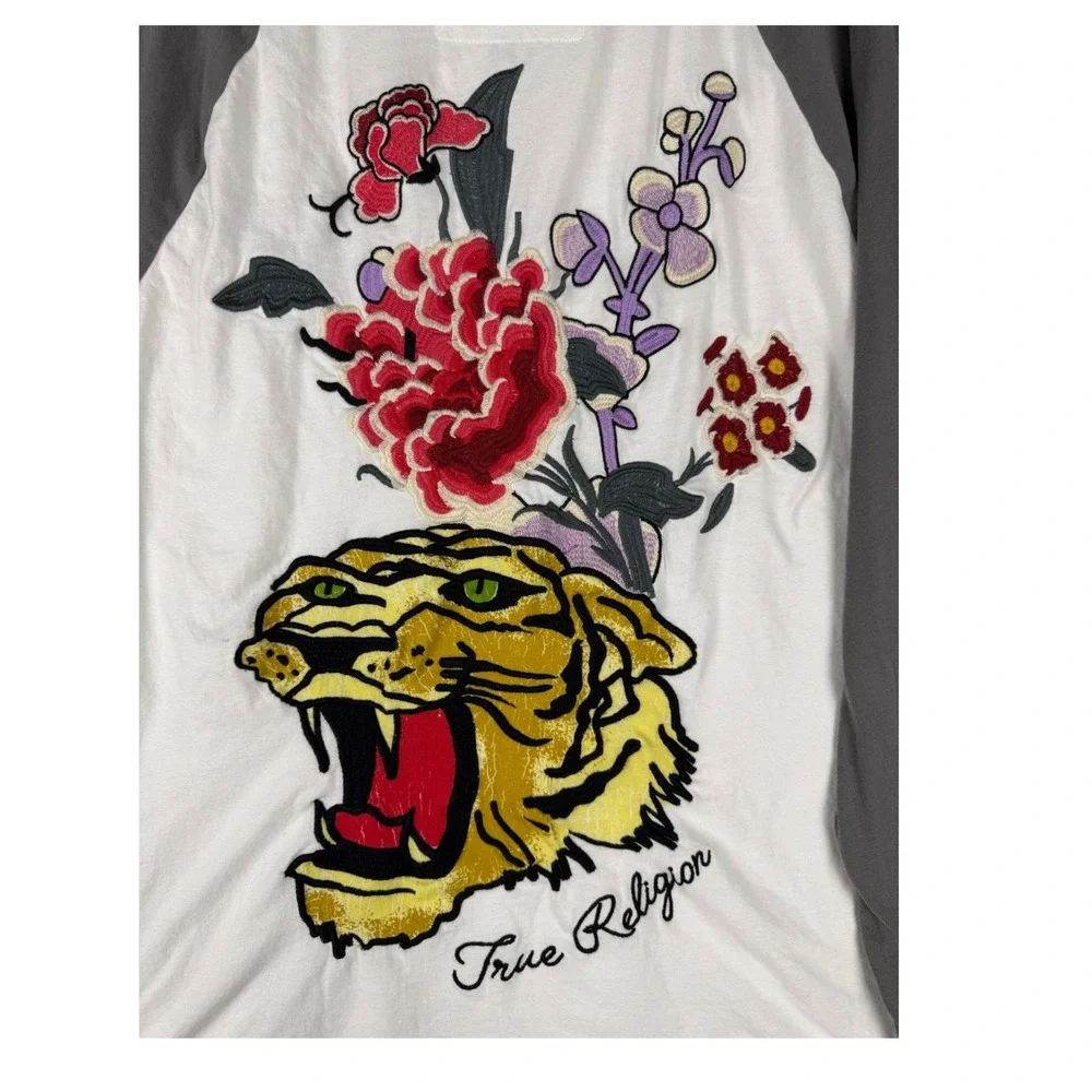 True Religion Baseball Tee‎ Tiger Floral Embroidered Graphic Long Sleeve XXXL